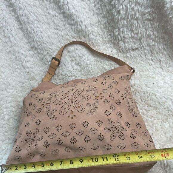 Anthropologie Miss Albright laser cut leather suede blush pink large tote bag. main image 8